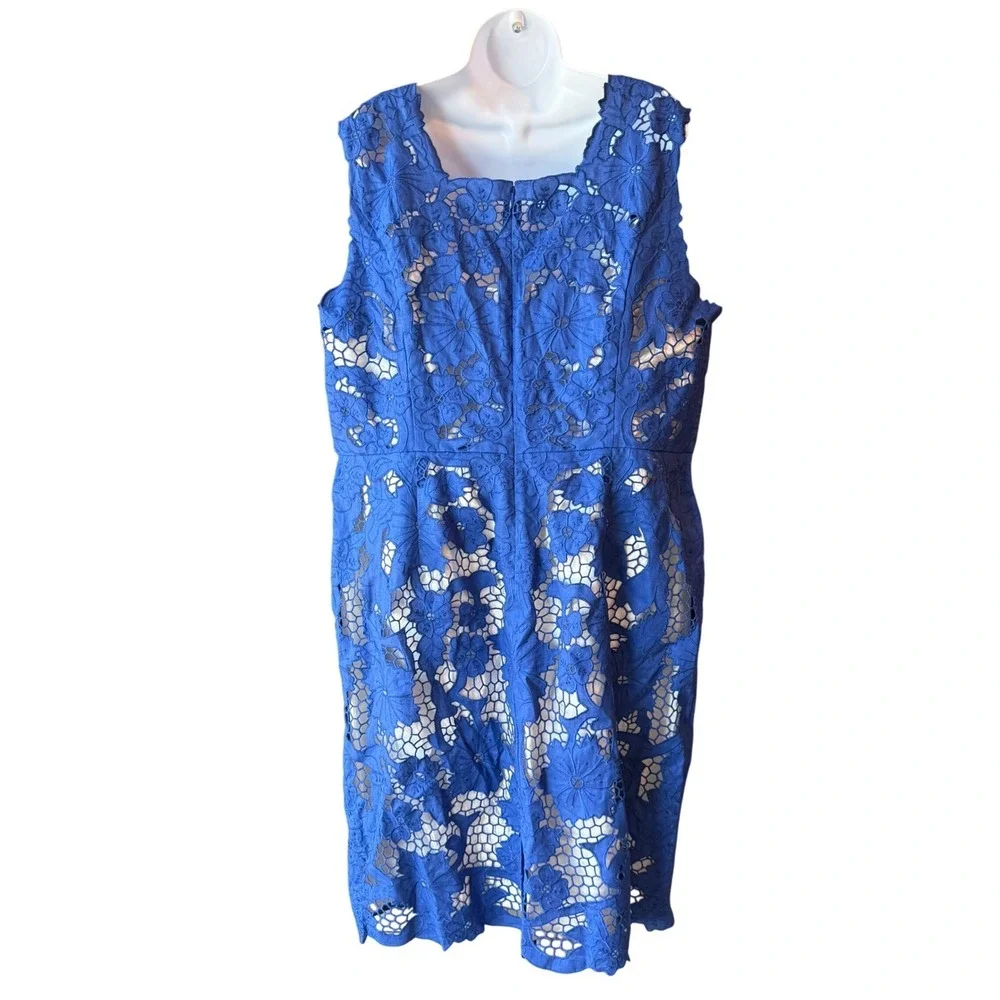 J. Peterman Blue Linen Lace Overlay Sheath Dress Women's Plus Size 20 Cocktail